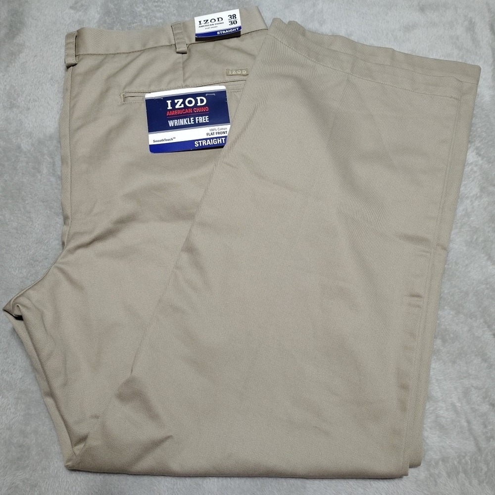 Izod American Chino Pants Men 38/29.5 Khaki Straight Flat Front Work Casual